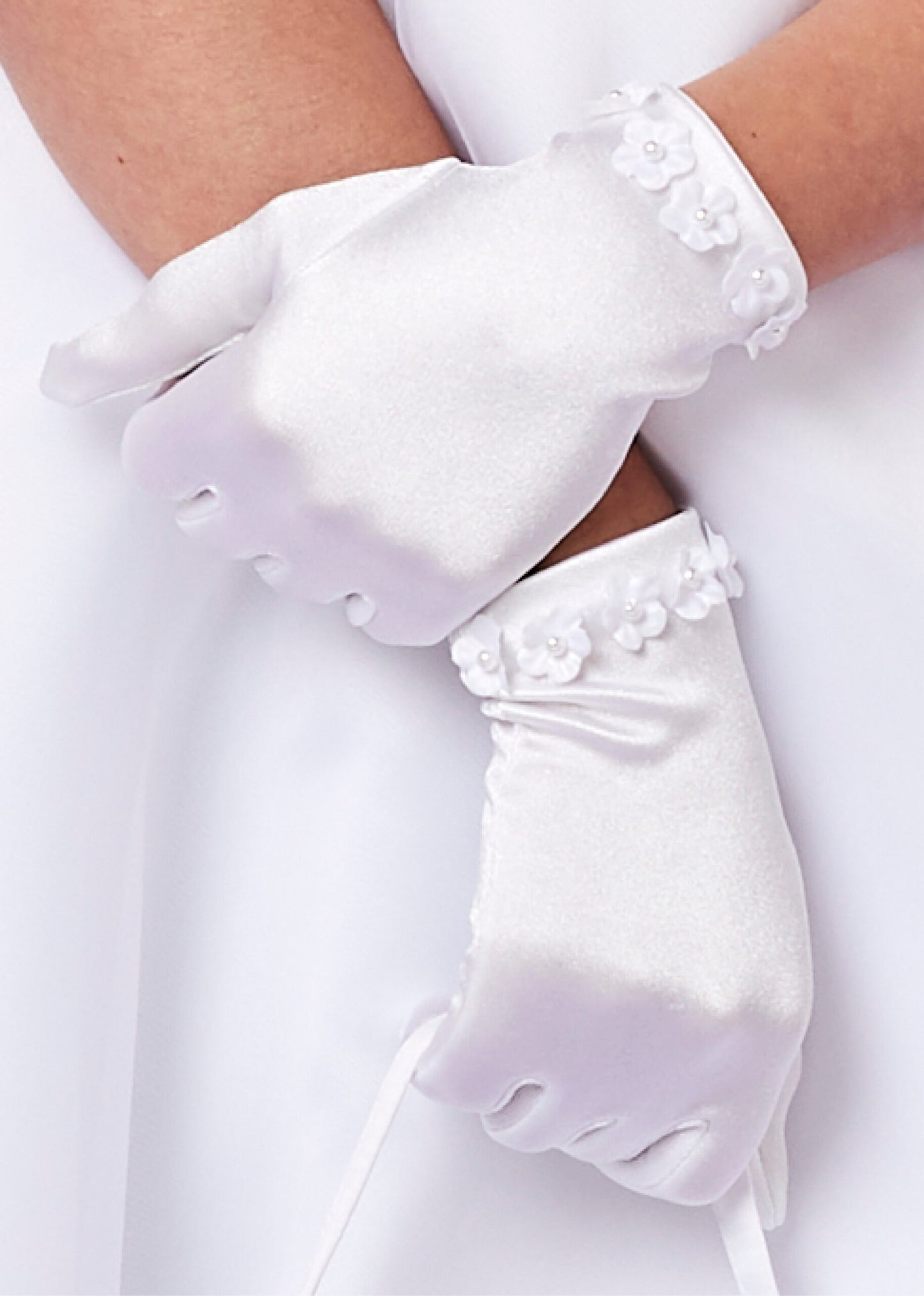 Kelly Satin Flower Communion Gloves. Back in stock October 2024