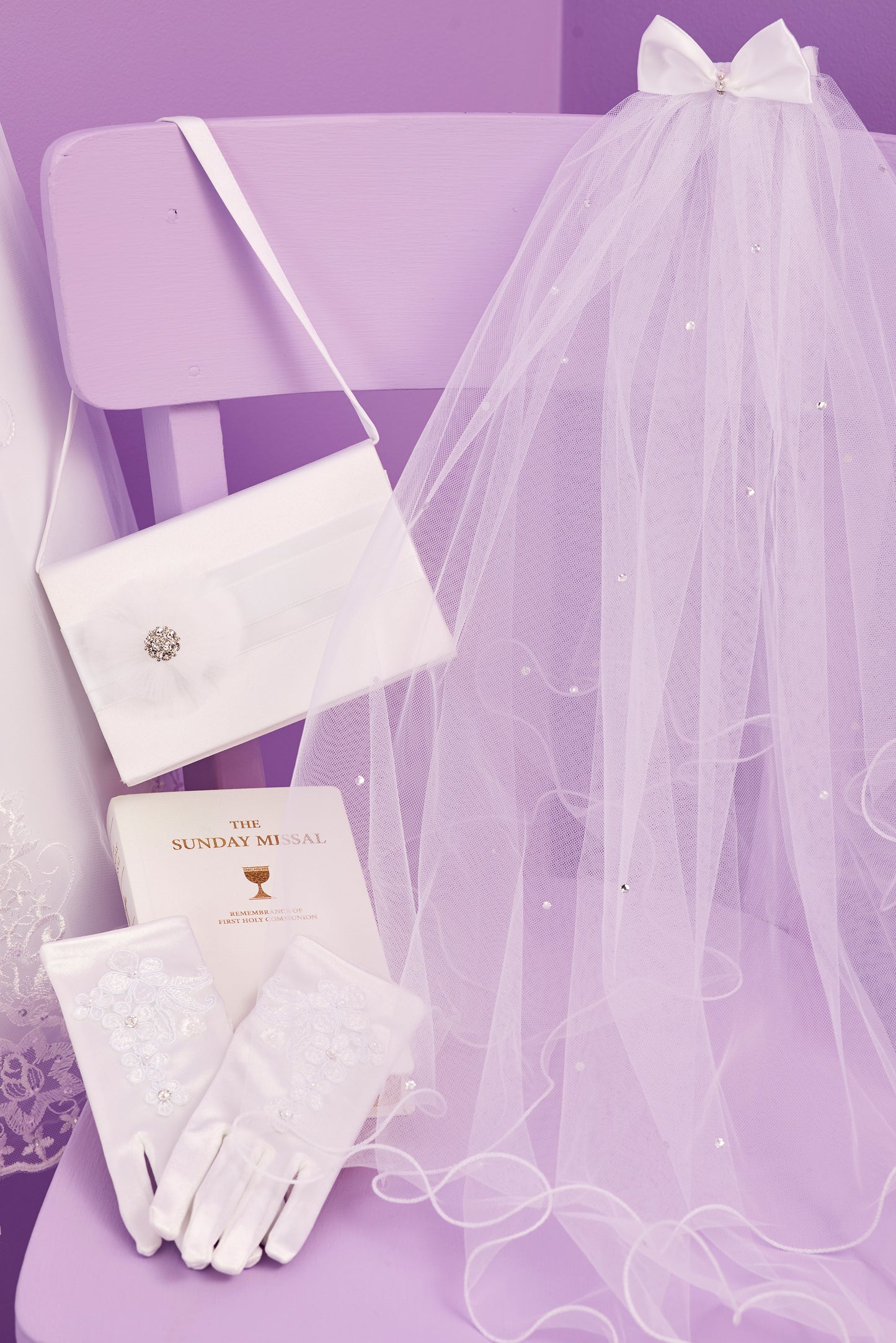 Linzi Satin Bow Diamante Communion Veil with Curly Hem White Available Oct 2025