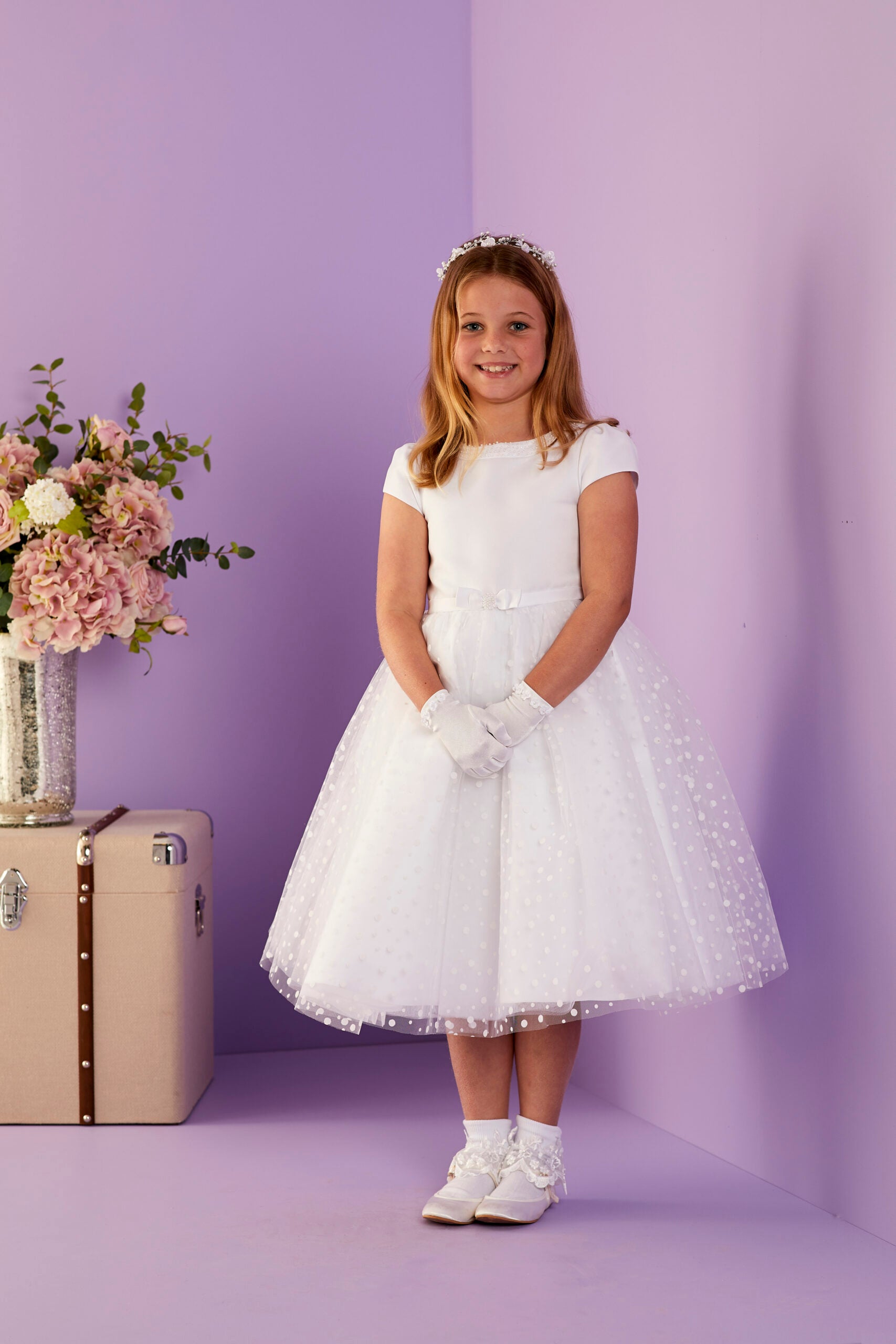 first communion dresses knee length White Lace First Communion Dress: Long Puffy Sleeve Tulle Gown