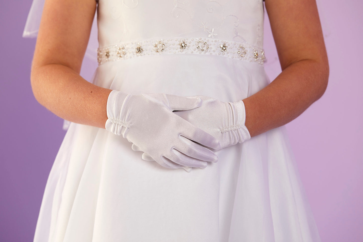 Agnes White Satin Ruched Gloves with faux pearls