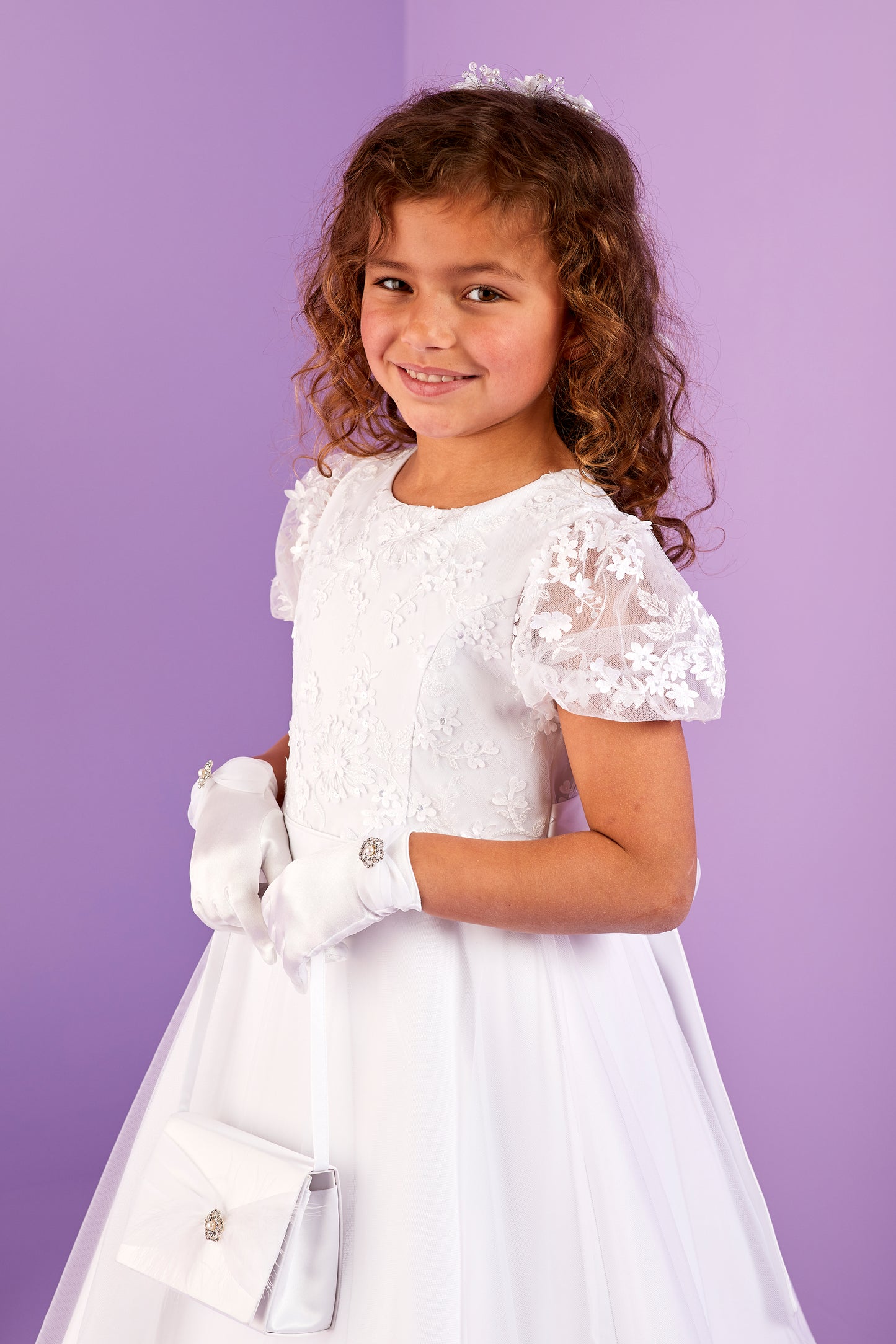 Dora White Communion Gloves with Diamante Flower