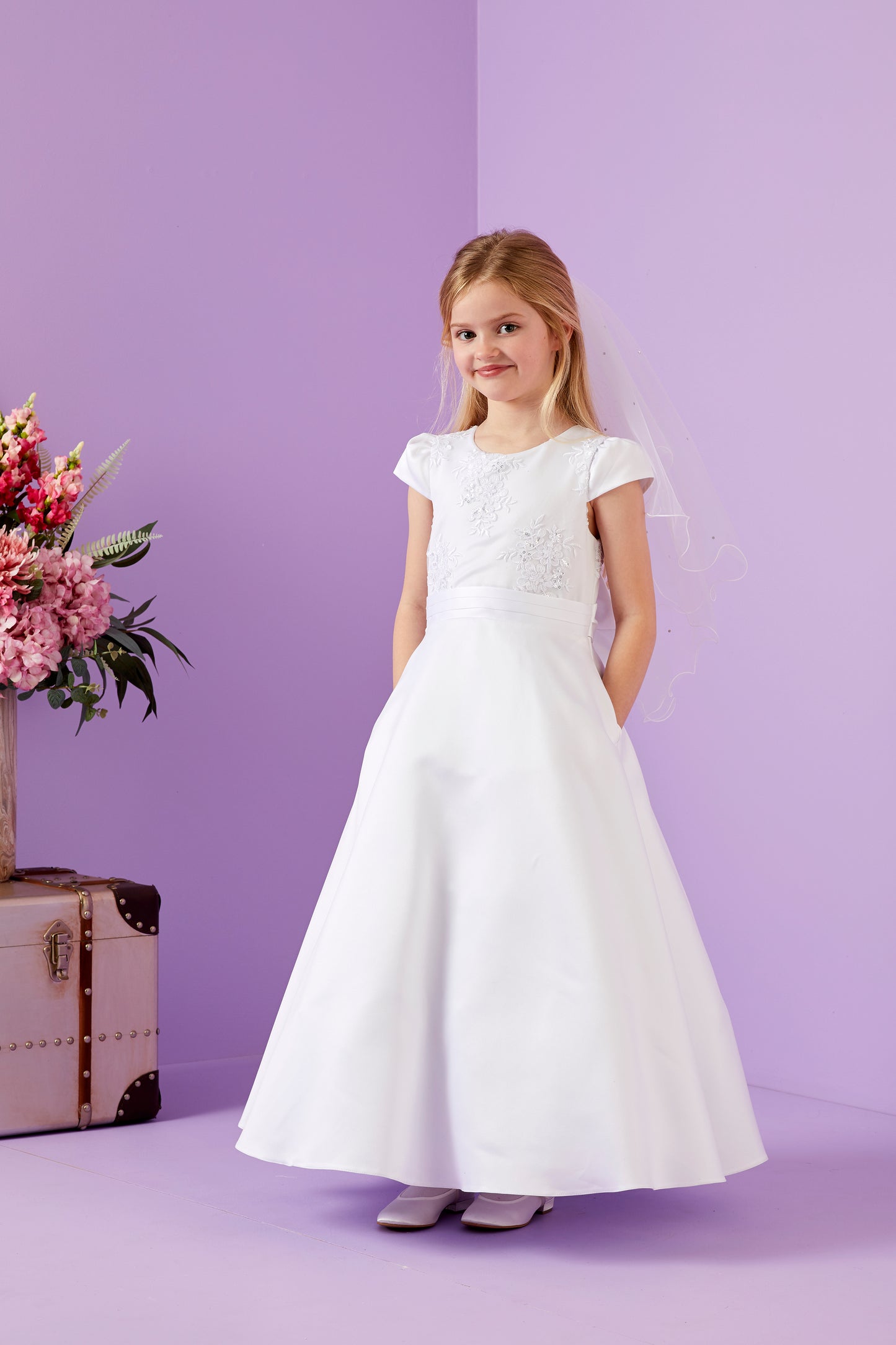 Etta Elegant Holy Communion Dress with Embroidered Bodice and Duchess Satin Skirt Available October 2025