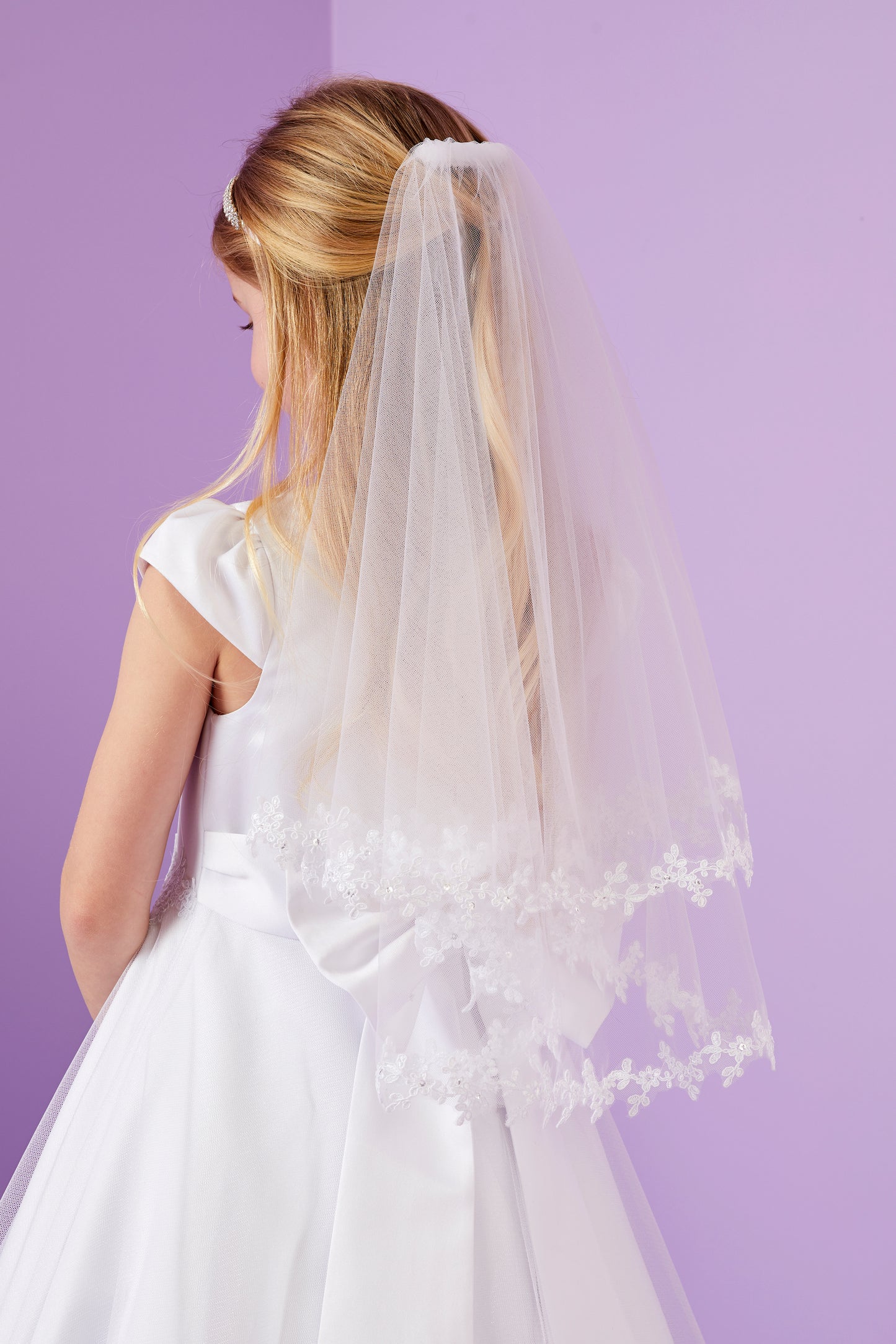 Valerie White Holy Communion Veil with Lace and Sequin Trim