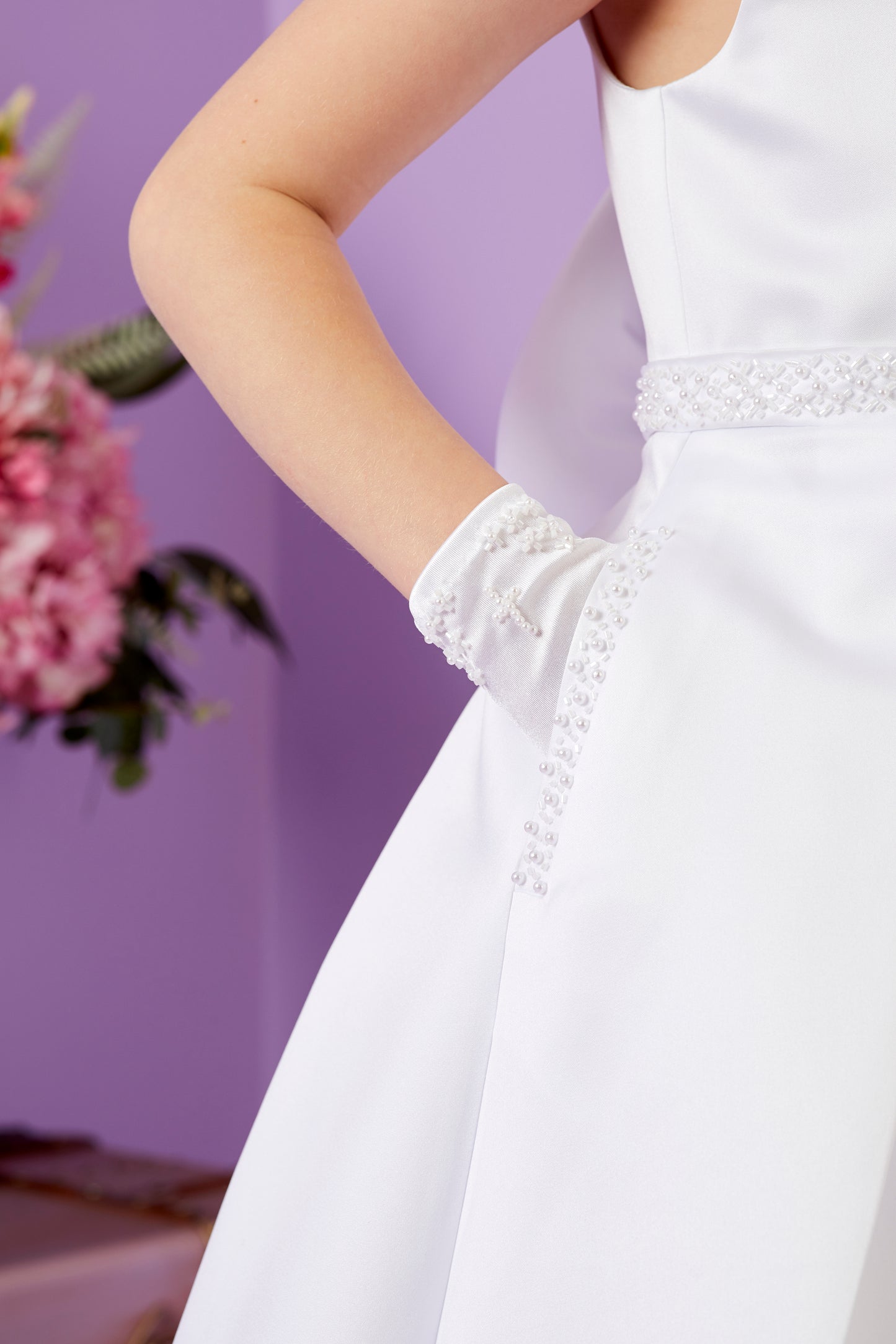 Harriet Elegant Holy Communion Duchess Satin Dress with Embellished pockets Available October 2025