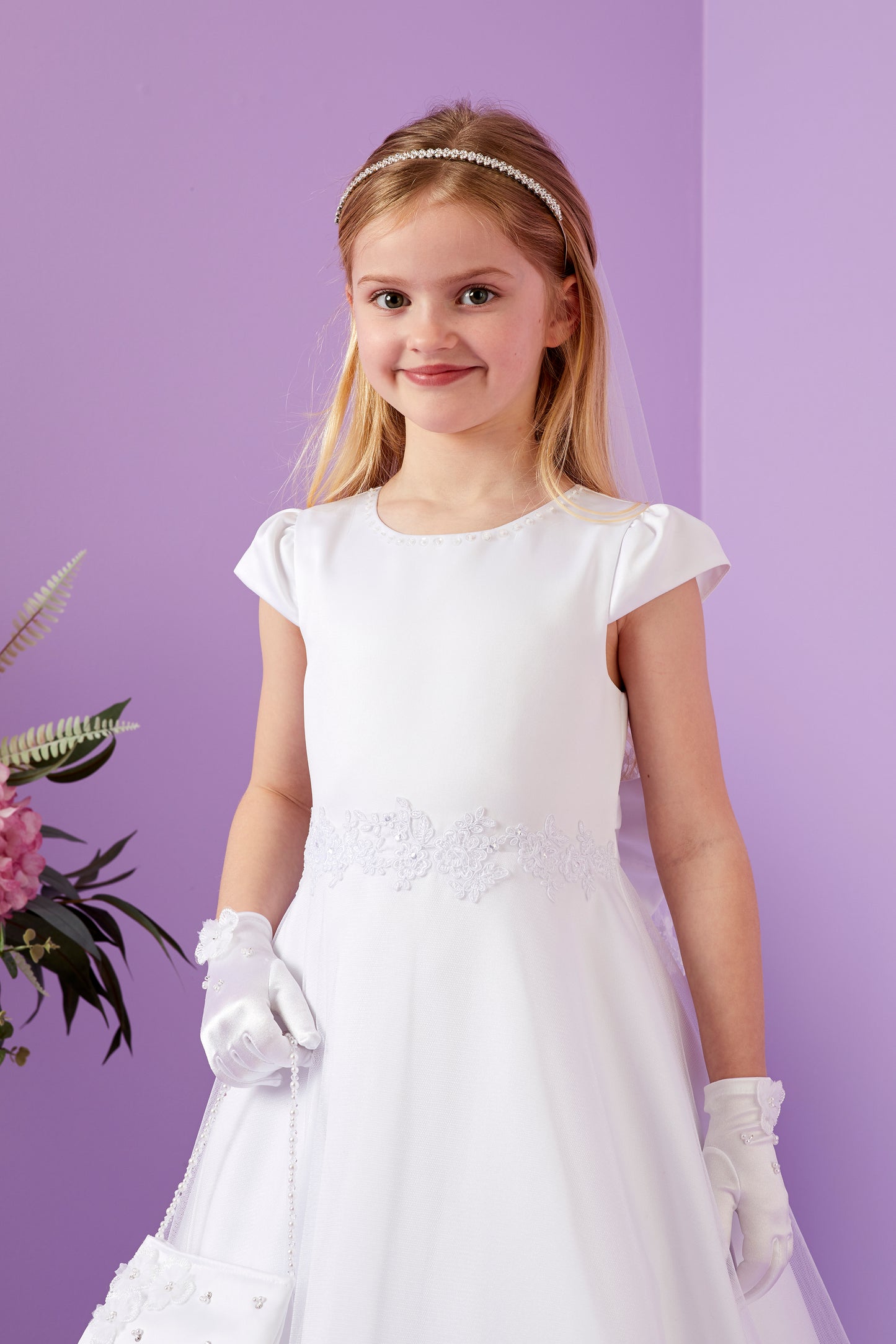 Nadia Elegant Holy Communion Duchess Satin Dress with Guipure Trim to Waist and Hem Available October 2025
