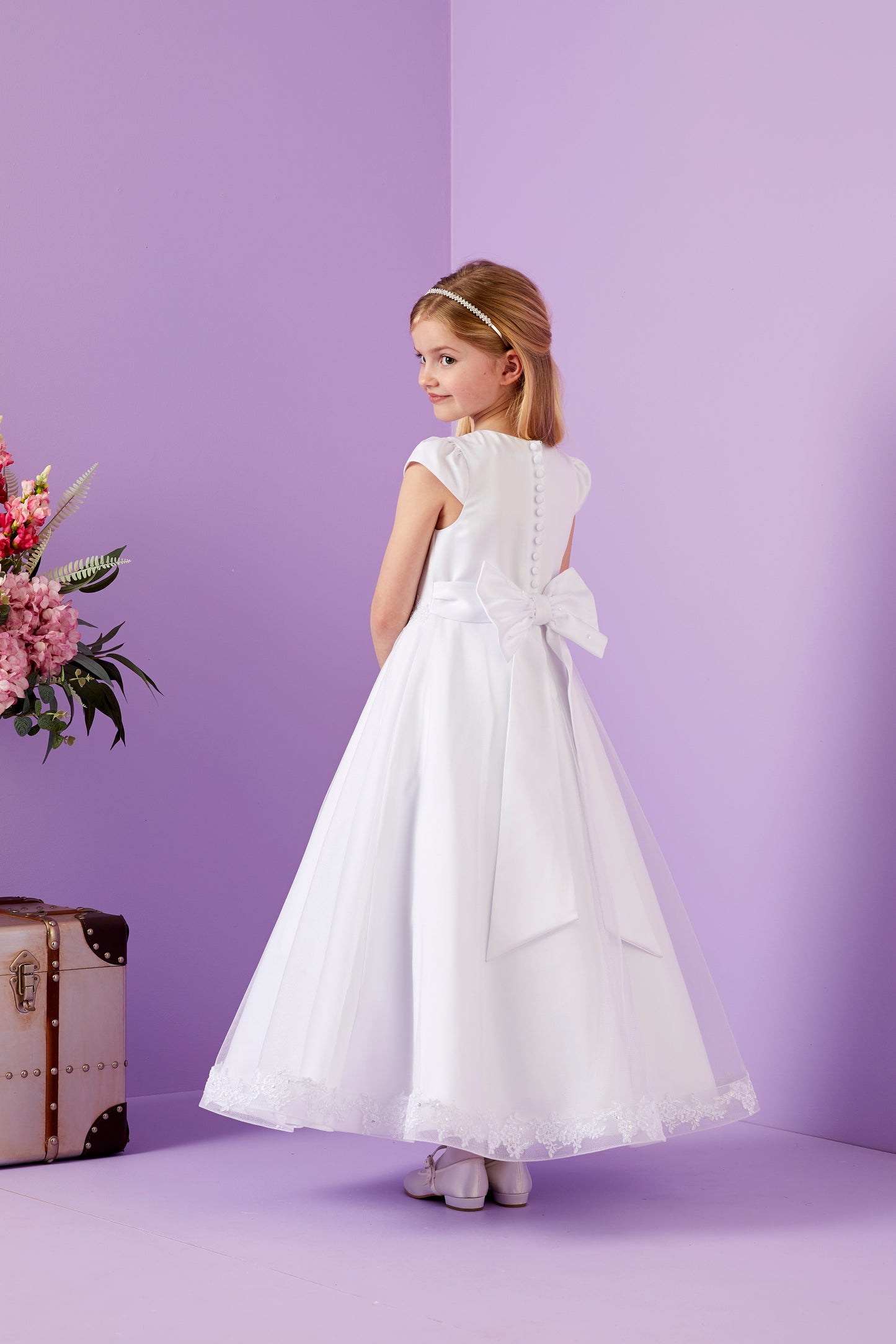 Nadia Elegant Holy Communion Duchess Satin Dress with Guipure Trim to Waist and Hem Available October 2025