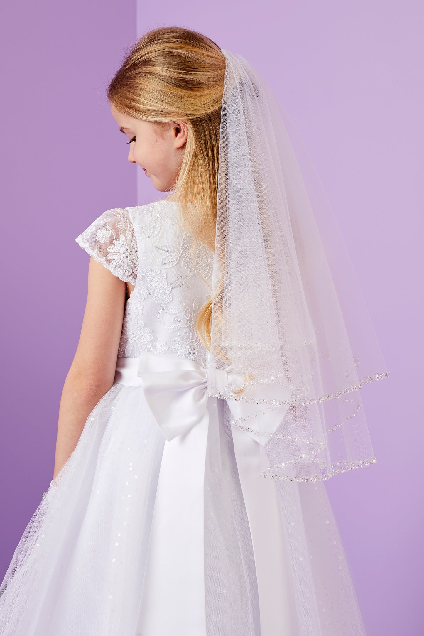 Tabitha White Communion Veil with Bead and Sequin Hem Detail Available October 2025