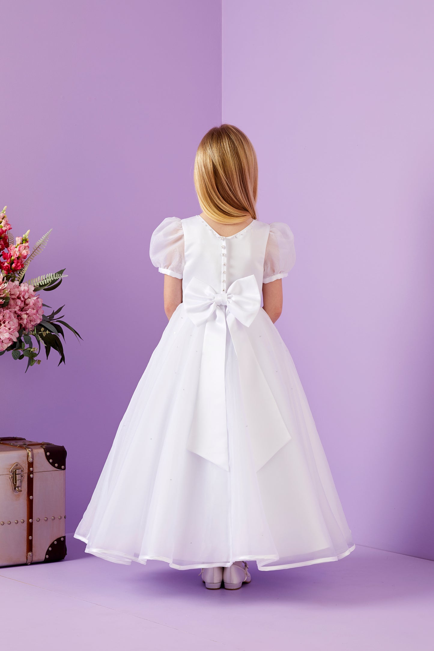 Elodie Holy Communion Dress with Puff Sleeves and Organza Full Skirt Available October 2025