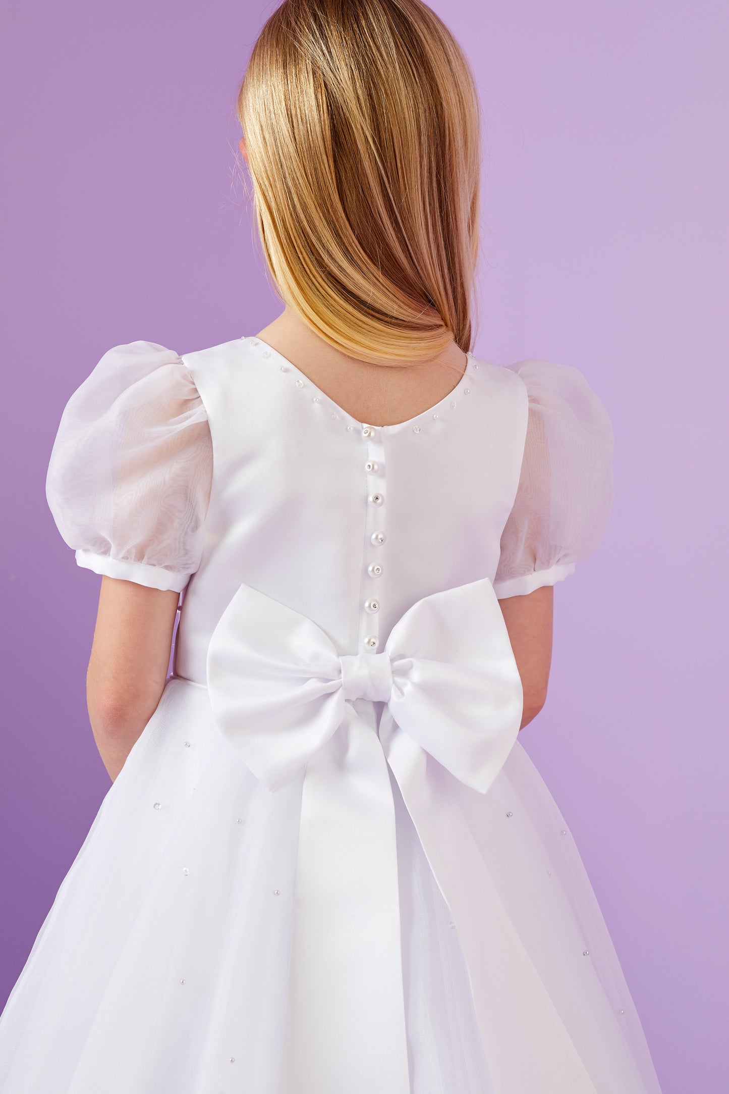 Elodie Holy Communion Dress with Puff Sleeves and Organza Full Skirt Available October 2025