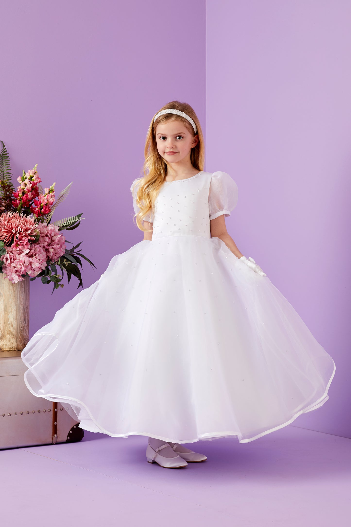 Elodie Holy Communion Dress with Puff Sleeves and Organza Full Skirt Available October 2025