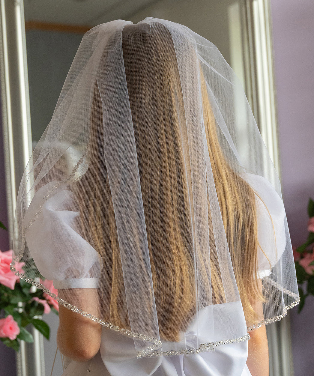 Pandora White Communion Veil with Bead and Sequin Hem Detail Available October 2025