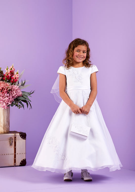 2025 Nancy Short Sleeve White Communion Dress with Guipure Motifs