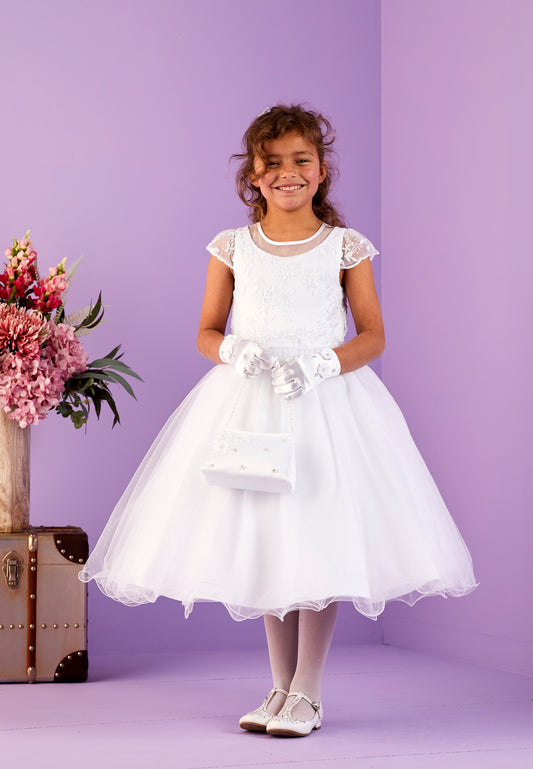 2025 Lana Short Sleeved White Holy Communion Dress with Lace Bodice