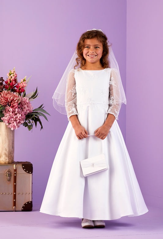 2025 Daisy Long Sleeve Embroidered Bodice White Communion Dress