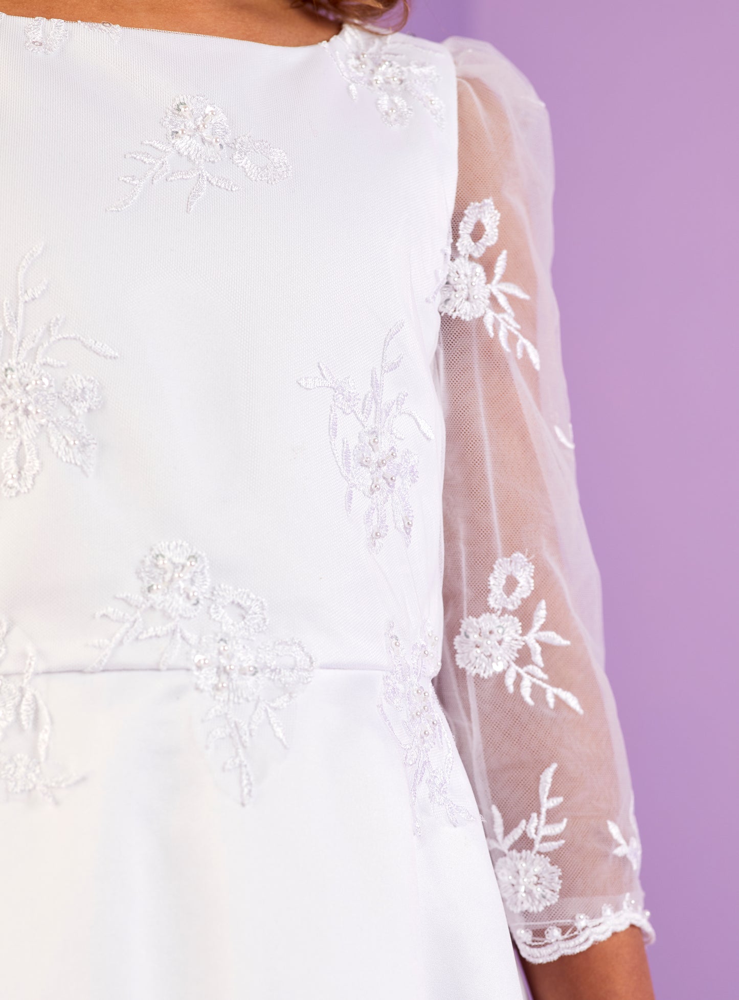 2025 Daisy Long Sleeve Embroidered Bodice White Communion Dress