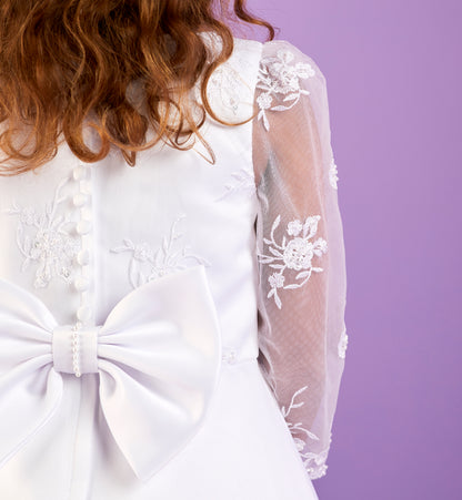 2025 Daisy Long Sleeve Embroidered Bodice White Communion Dress