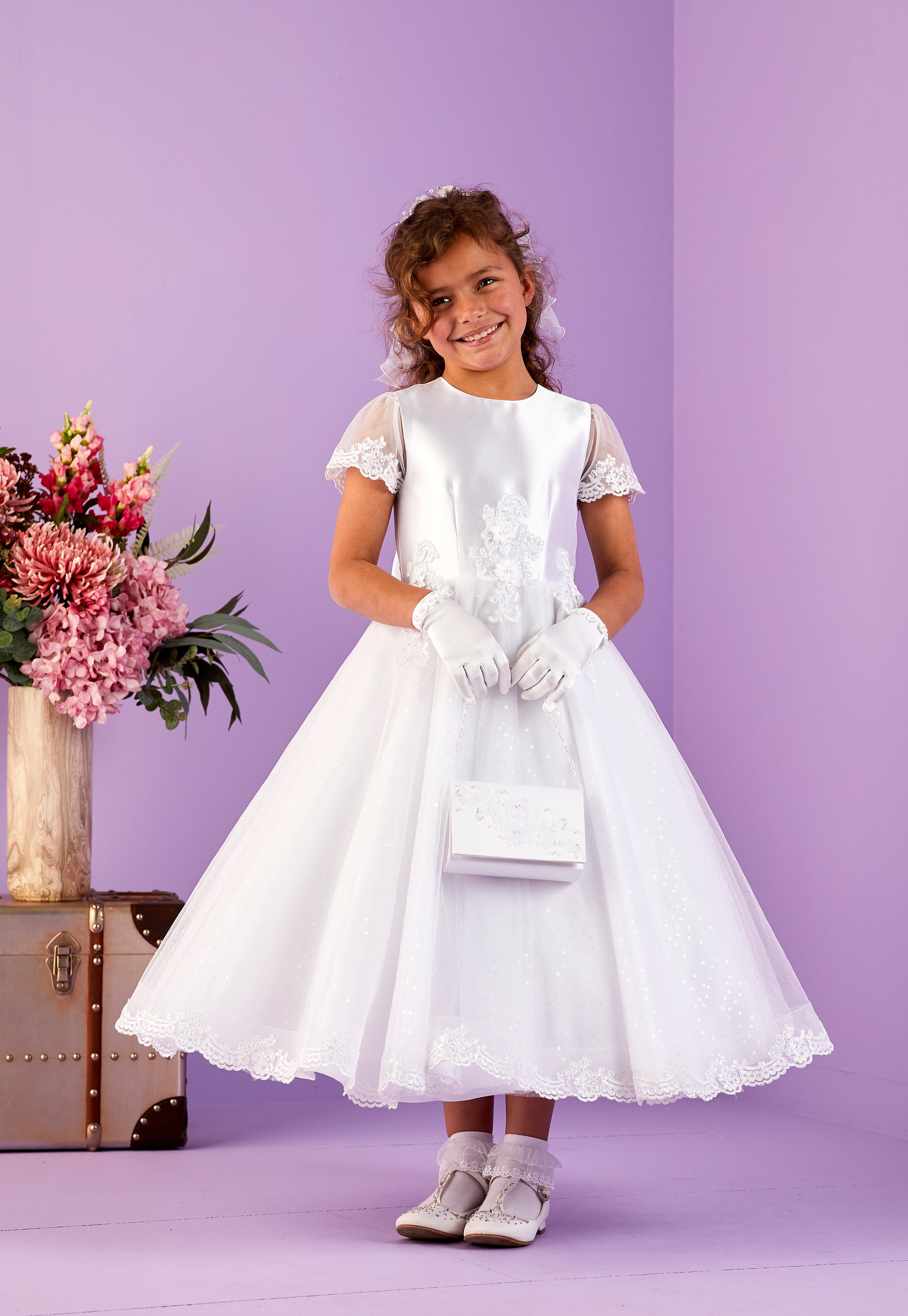 2025 Arabella White Cap Sleeve Holy Communion Dress with Decorated