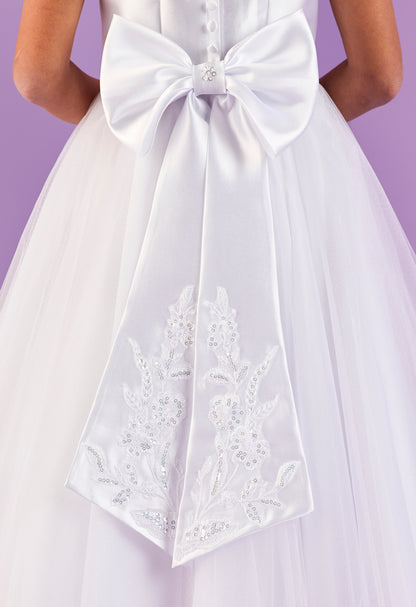 2025 Liberty White Short Sleeve Holy Communion Dress with Embroidered Lace Motifs on Skirt