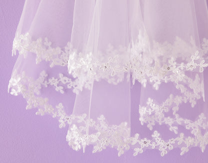 Valerie White Holy Communion Veil with Lace and Sequin Trim