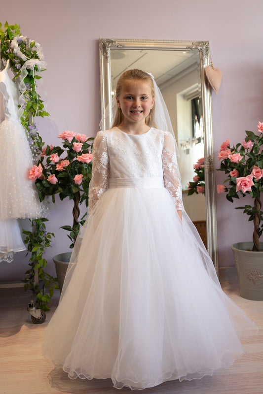 2025 Gabrielle White Long Sleeve Holy Communion Dress with Full Tulle Skirt