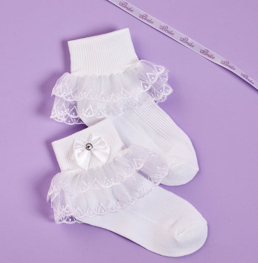 Macy White Socks with Guipere Double Lace Frill and Bows Available October 2025