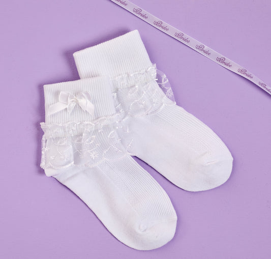 Elsie White Socks with Guipere Lace Frill and Bow Available October 2025