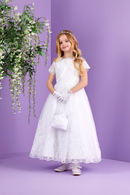 April White Satin Holy Communion Glove with lace Insert and sequin detail Available October 2026