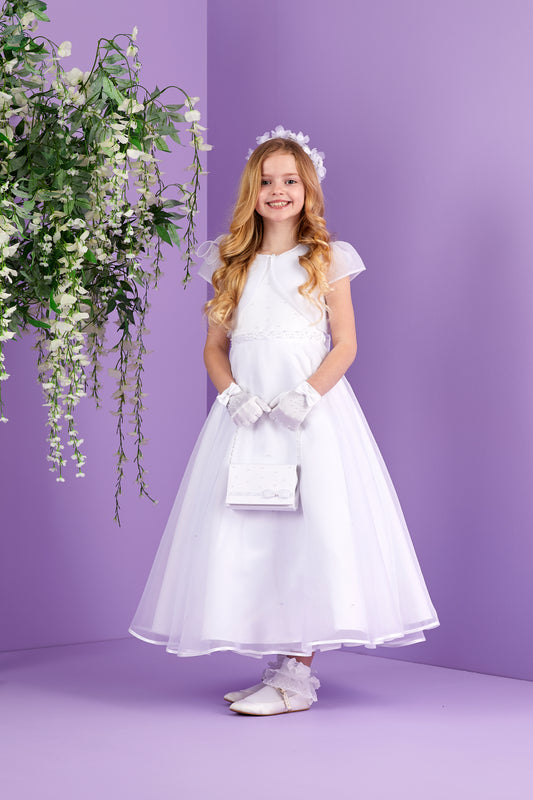 Florence Ankle Length Communion Dress with Pearl Detail and Organza Skirt