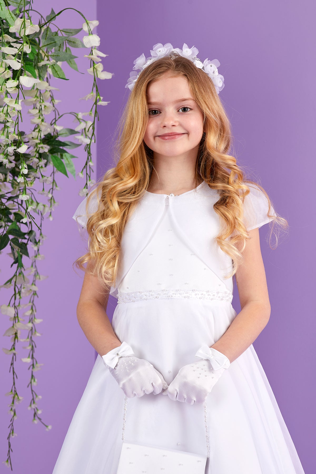 Florence Ankle Length Communion Dress with Pearl Detail and Organza Skirt