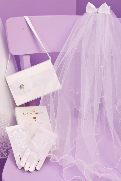 Linzi Satin Bow Diamante Communion Veil with Curly Hem White Available Oct 2025