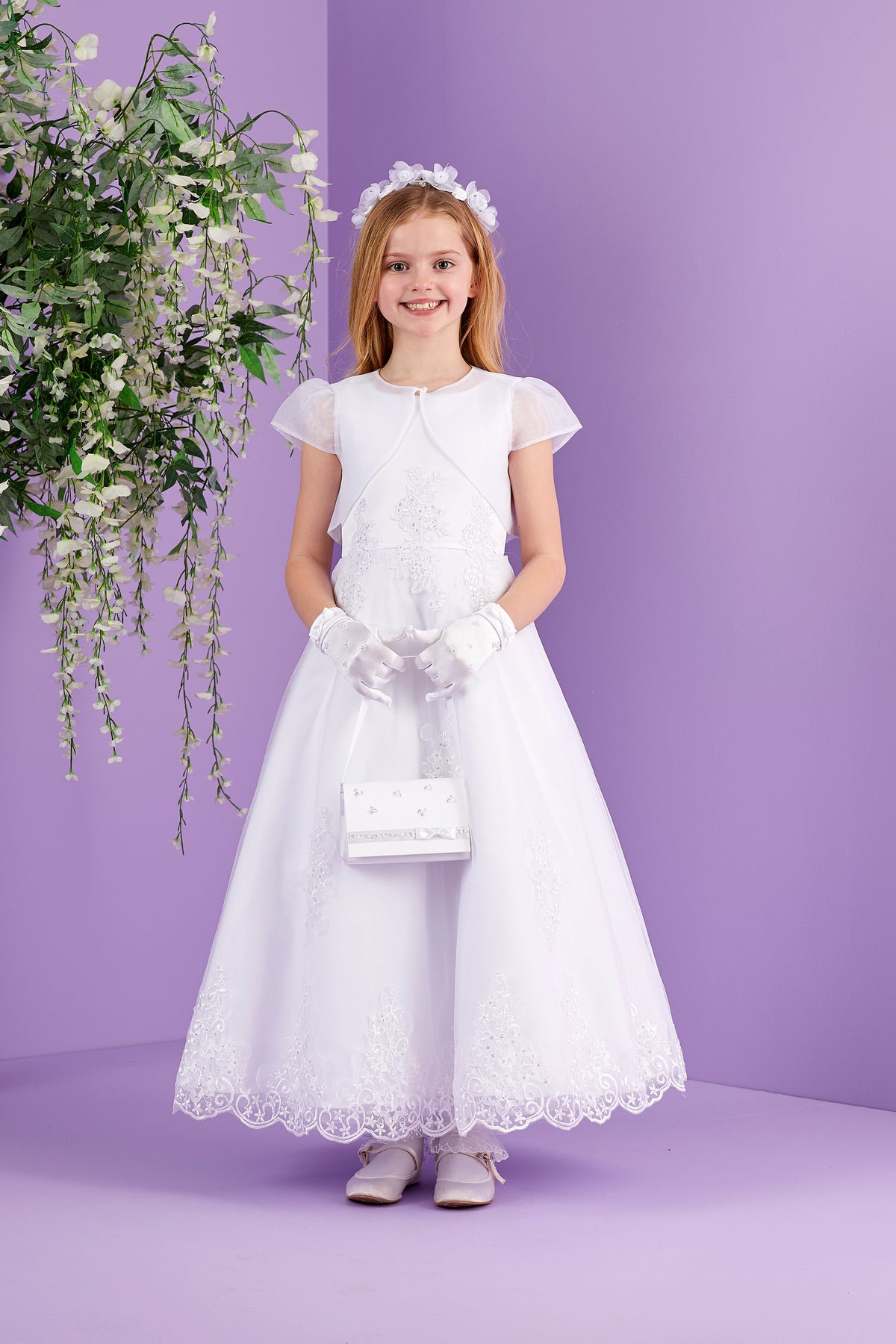 Erin Sleeveless Net Tulle Holy Communion Dress with Detailed Bodice and Lace trimmed Skirt