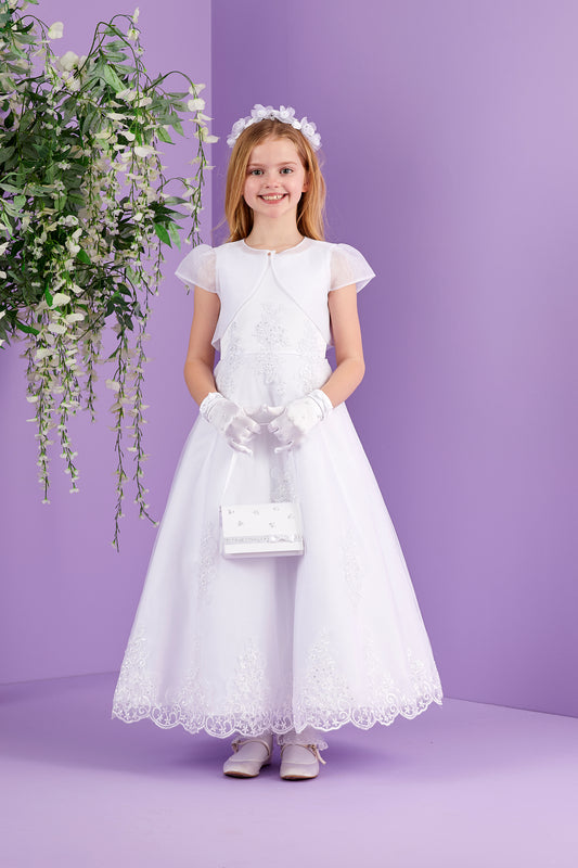Erin Sleeveless Net Tulle Holy Communion Dress with Detailed Bodice and Lace trimmed Skirt