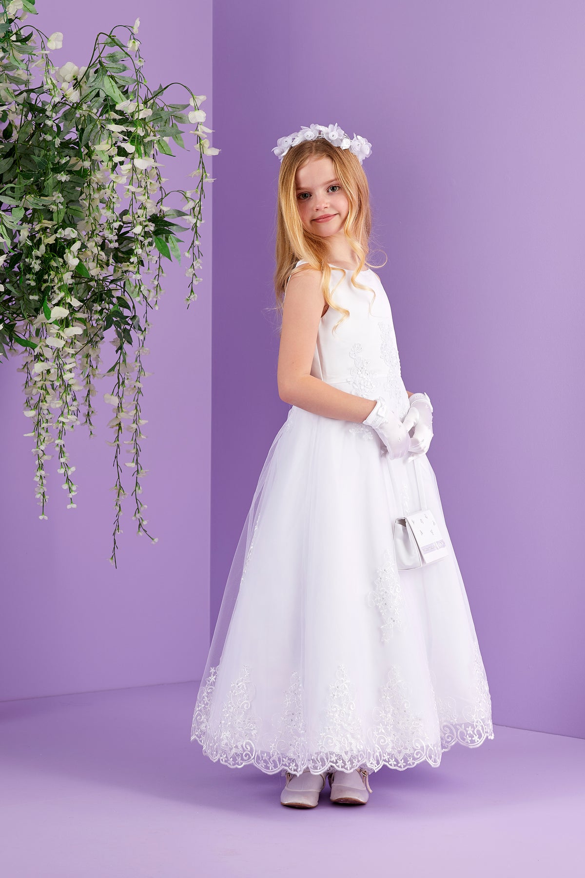 Erin Sleeveless Net Tulle Holy Communion Dress with Detailed Bodice and Lace trimmed Skirt
