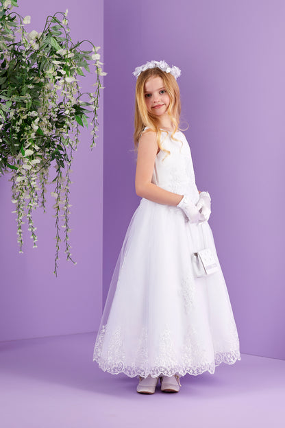 Erin Sleeveless Net Tulle Holy Communion Dress with Detailed Bodice and Lace trimmed Skirt