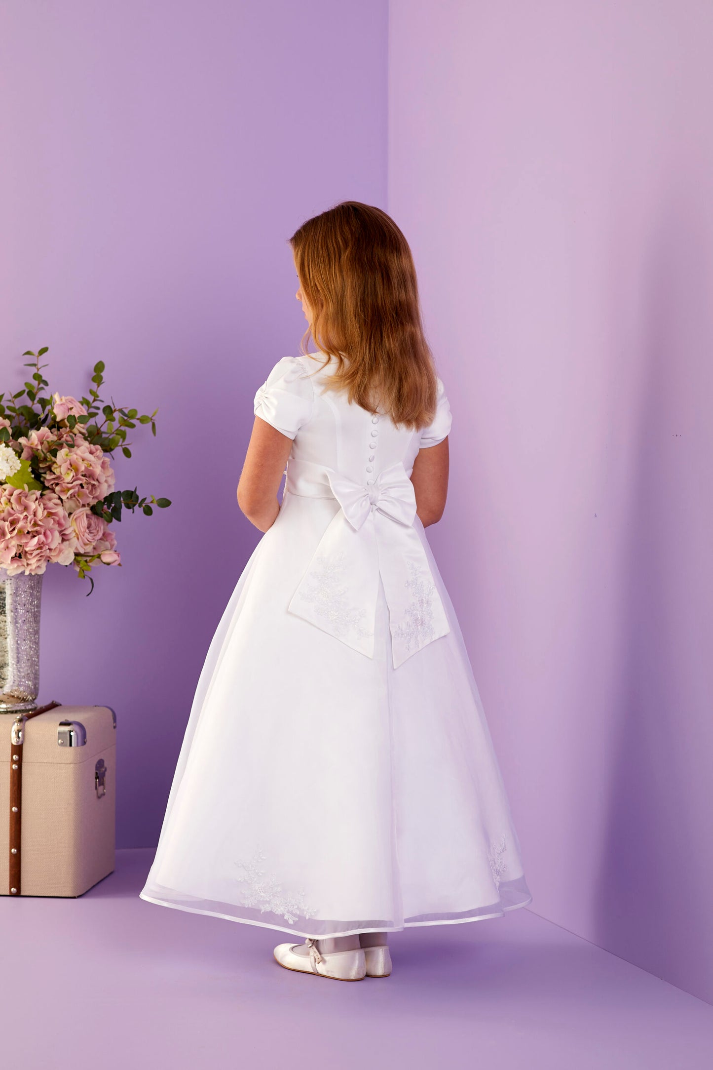 Constance Bow Sleeve Holy Communion Dress with Organza Skirt