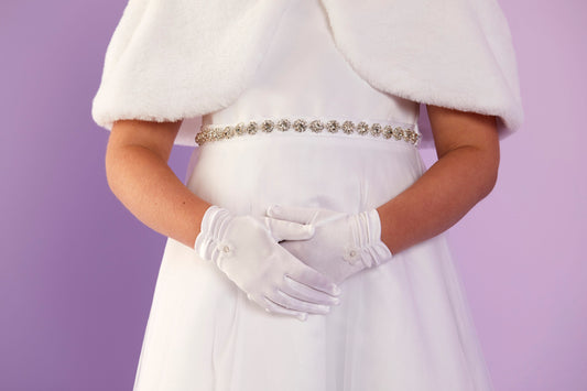 Lois White Satin Ruched Glove with 3D Flower Trim