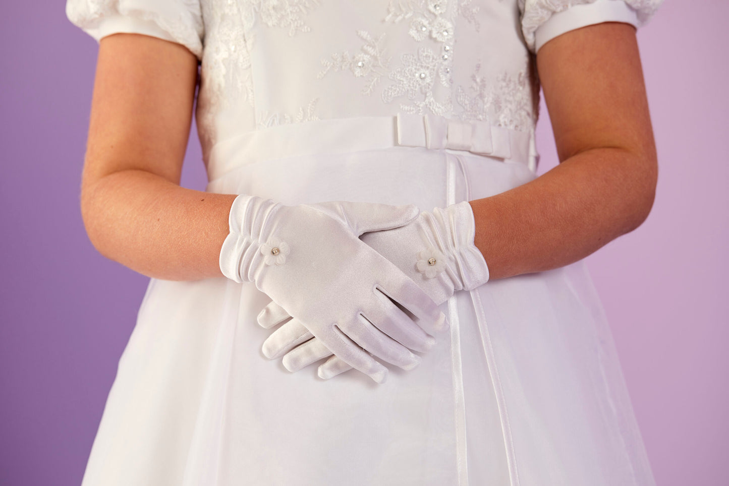 Lois White Satin Ruched Glove with 3D Flower Trim