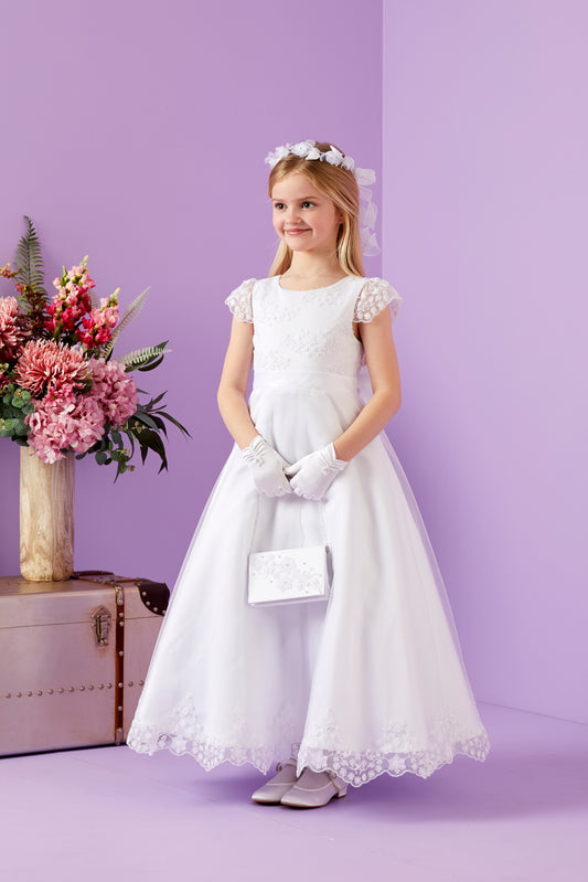 Summer Elegant Holy Communion Dress with Embroidered Bodice and Organza Skirt Available October 2025