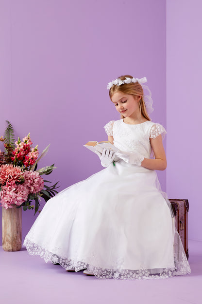Summer Elegant Holy Communion Dress with Embroidered Bodice and Organza Skirt Available October 2025