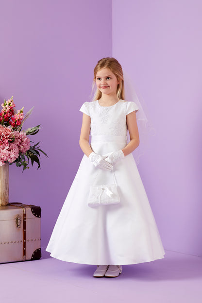 Etta Elegant Holy Communion Dress with Embroidered Bodice and Duchess Satin Skirt Available October 2025