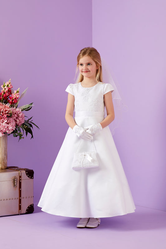 Etta Elegant Holy Communion Dress with Embroidered Bodice and Duchess Satin Skirt Available October 2025