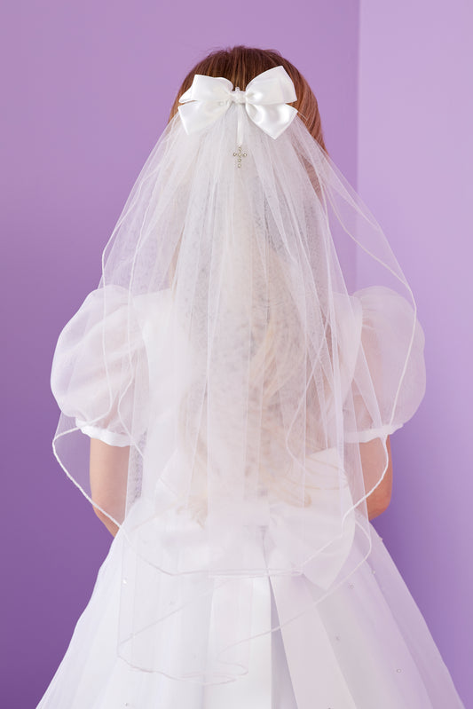 Pippa White Holy Communion Veil with Bow and Diamante Cross