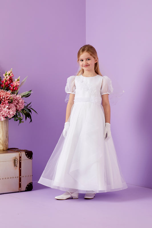 Ariana Elegant Holy Communion Dress with Embroidered Bodice and Waterfall Organza Skirt Available October 2025
