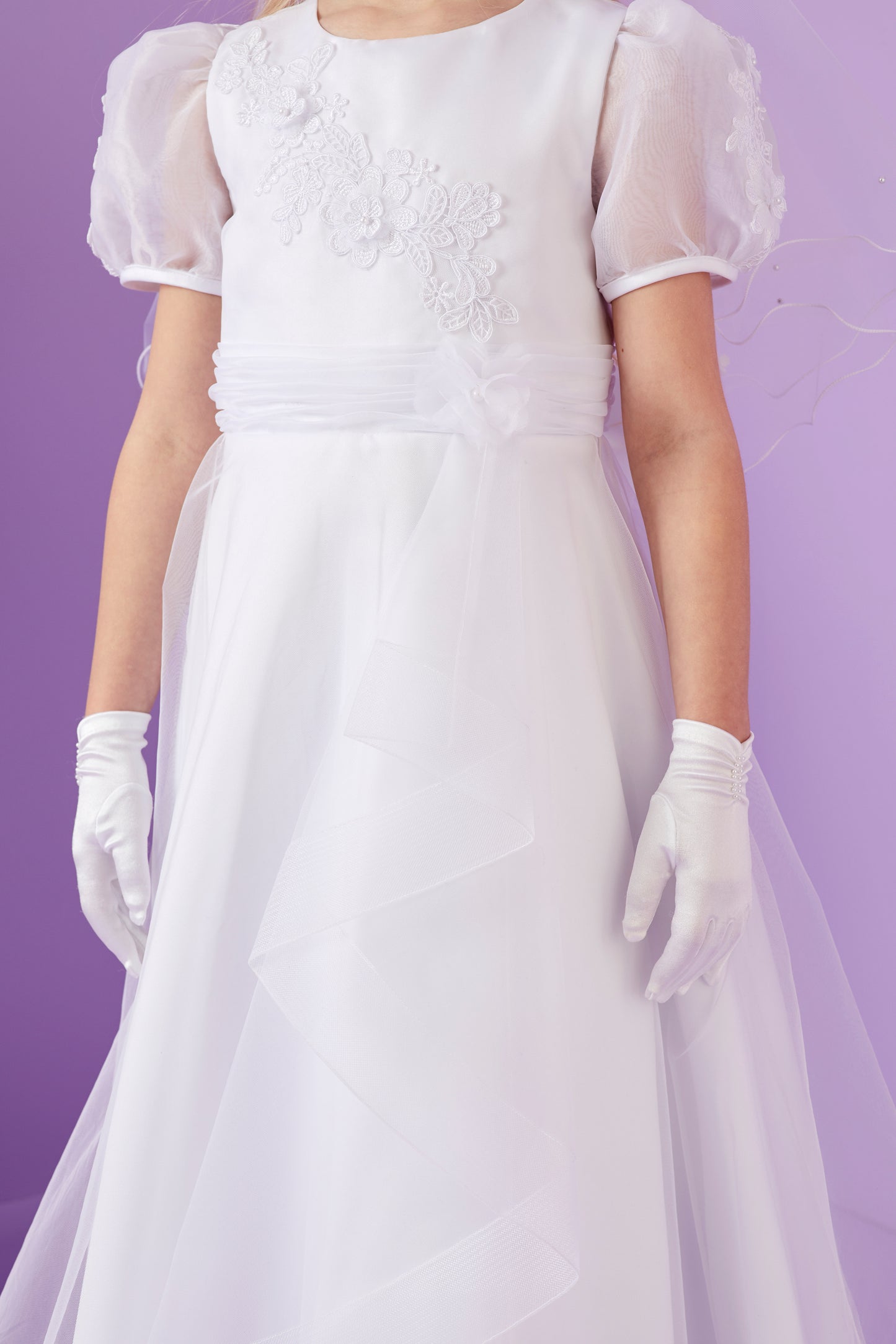 Ariana Elegant Holy Communion Dress with Embroidered Bodice and Waterfall Organza Skirt Available October 2025