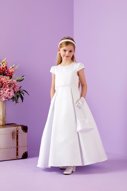 Harriet Elegant Holy Communion Duchess Satin Dress with Embellished pockets Available October 2025