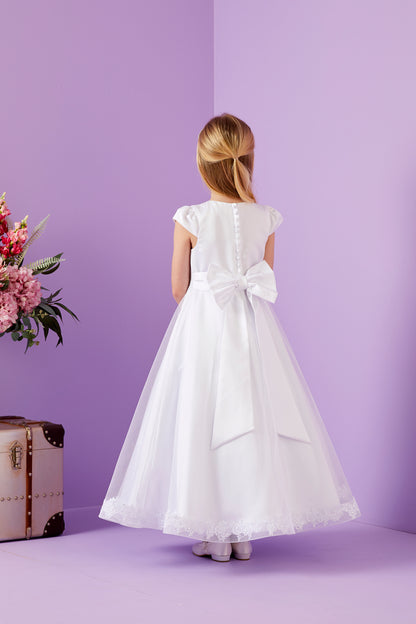 Nadia Elegant Holy Communion Duchess Satin Dress with Guipure Trim to Waist and Hem Available October 2025