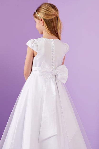 Nadia Elegant Holy Communion Duchess Satin Dress with Guipure Trim to Waist and Hem Available October 2025