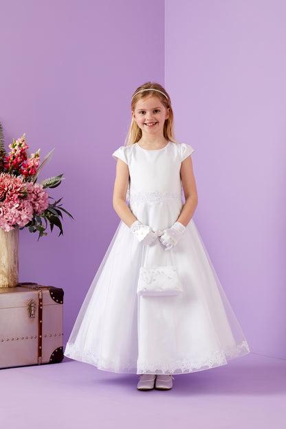 Nadia Elegant Holy Communion Duchess Satin Dress with Guipure Trim to Waist and Hem Available October 2025