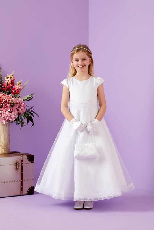 Nadia Elegant Holy Communion Duchess Satin Dress with Guipure Trim to Waist and Hem Available October 2025