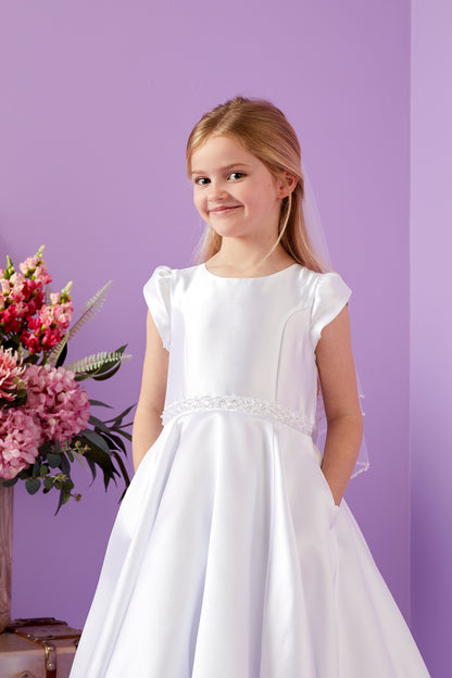 Mimi Elegant Holy Communion Duchess Satin Dress with Embellished pockets Available October 2025